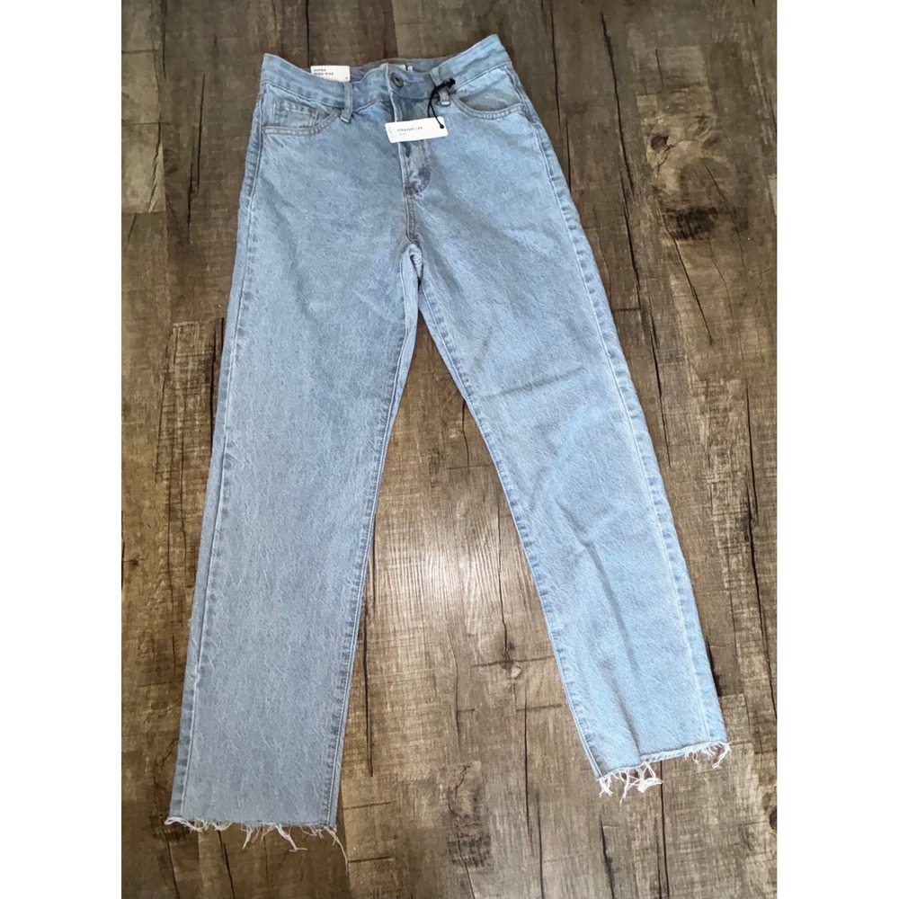 Rue21 Super High Rise Straight‎ Leg Jeans Light Wash Raw Hem Womens 8
